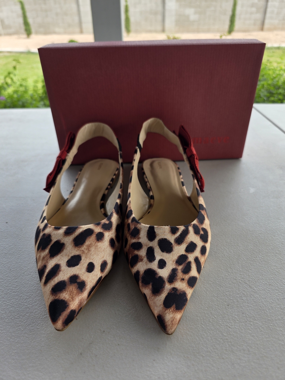 Maeve Leopard Print Pointed Slingbacks with Red Bow Accent - Picture 2 of 6